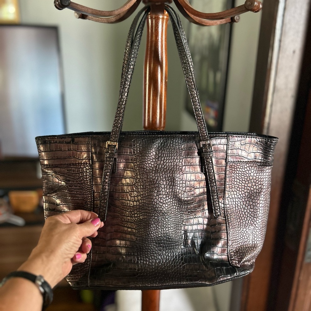 GUESS Iridescent Croc-Embossed Tote in Shimmering Purple and Silver - Picture 2 of 3